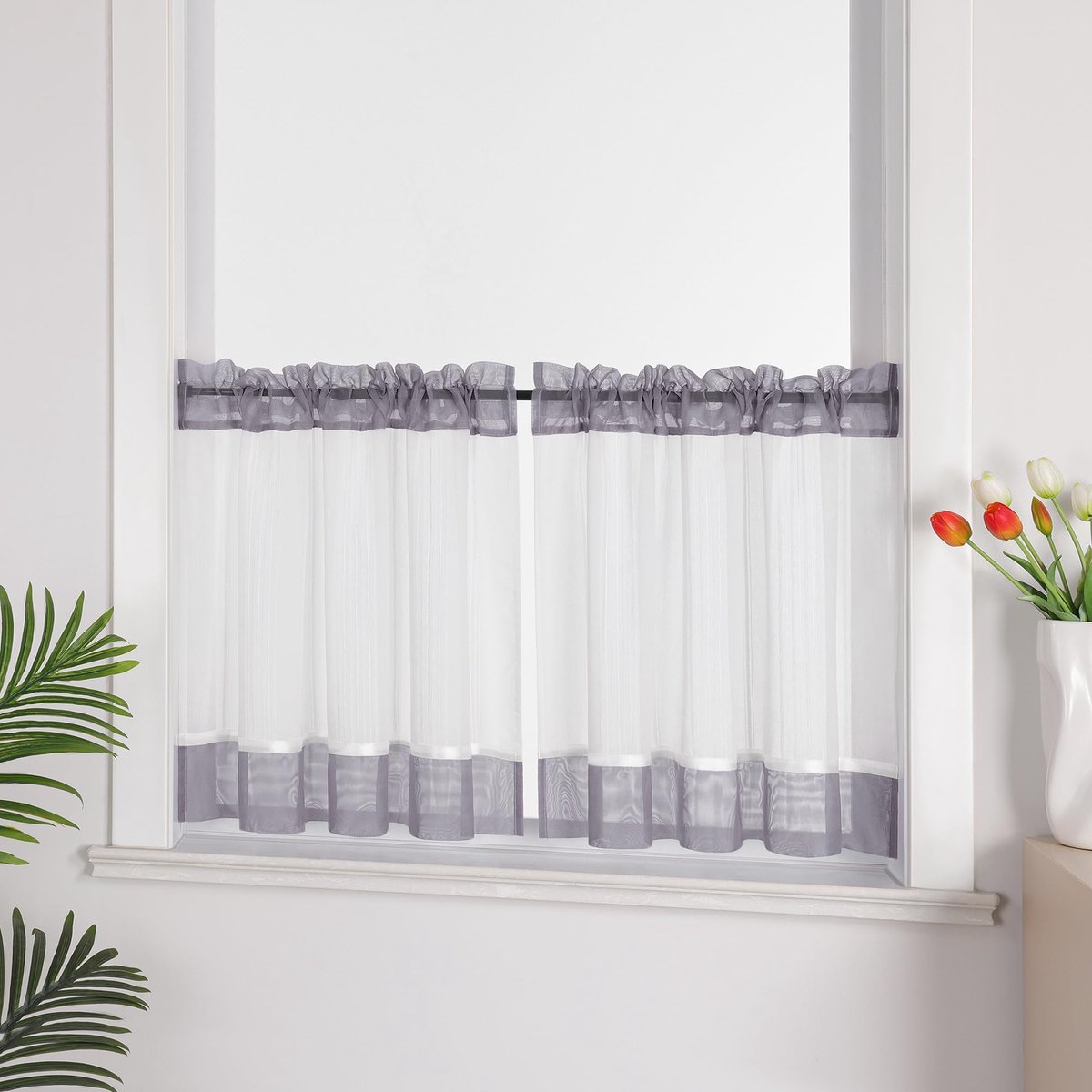 Leinenoptik vitrage in landhuisstijl »Jasmin« Cáfe gordijnen transparant kort keukengordijnen bistrogordijnen woonkamer grijs HxB 45x90cm 1 stuk