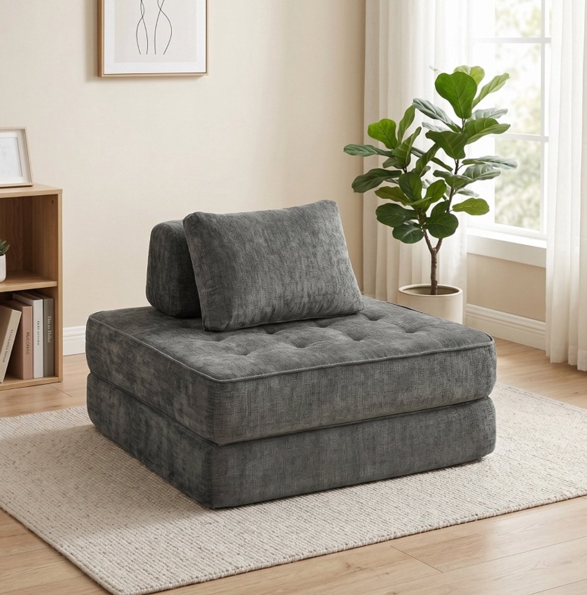 MEUNIQ 2-in-1 slaapfauteuil op de vloer, uitklapbare fauteuil tot eenpersoons ligplek, chenille stof, met rugkussen en lendekussen, 97 x 70 x 194 cm, grijs