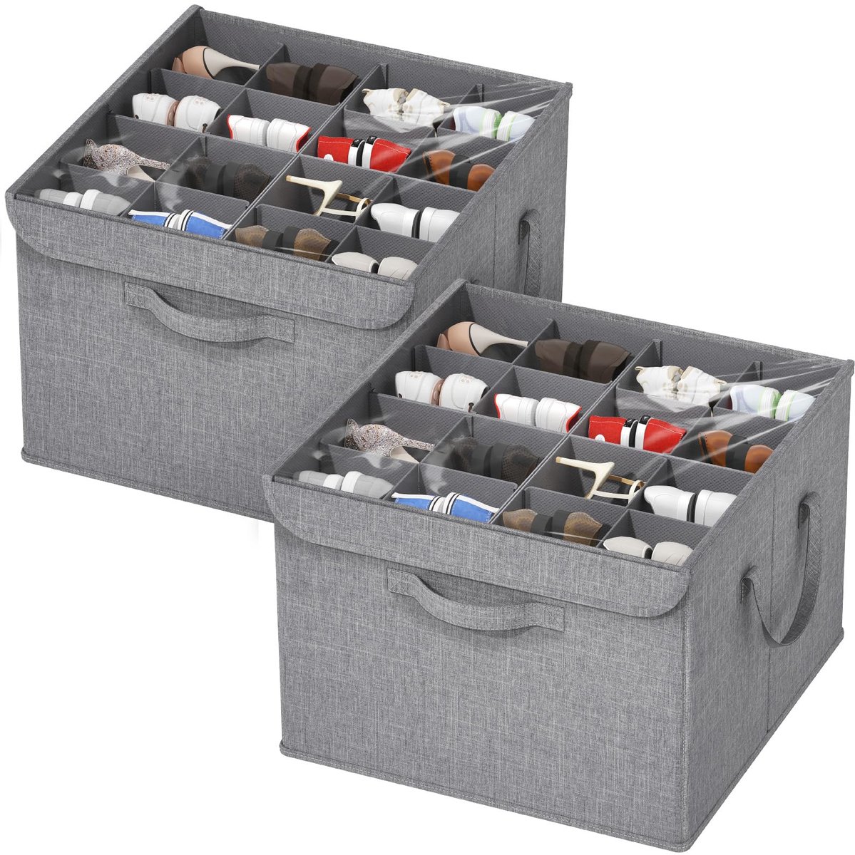 Organizer voor in de Kast, Verstelbaar Schoenen Opbergvak voor 16 Paar, Doorzichtige Doos voor Laarzen Hakken Sneakers, Opvouwbare Opbergbakken met Bodemsteun, Licht Grijs, 2 Pack