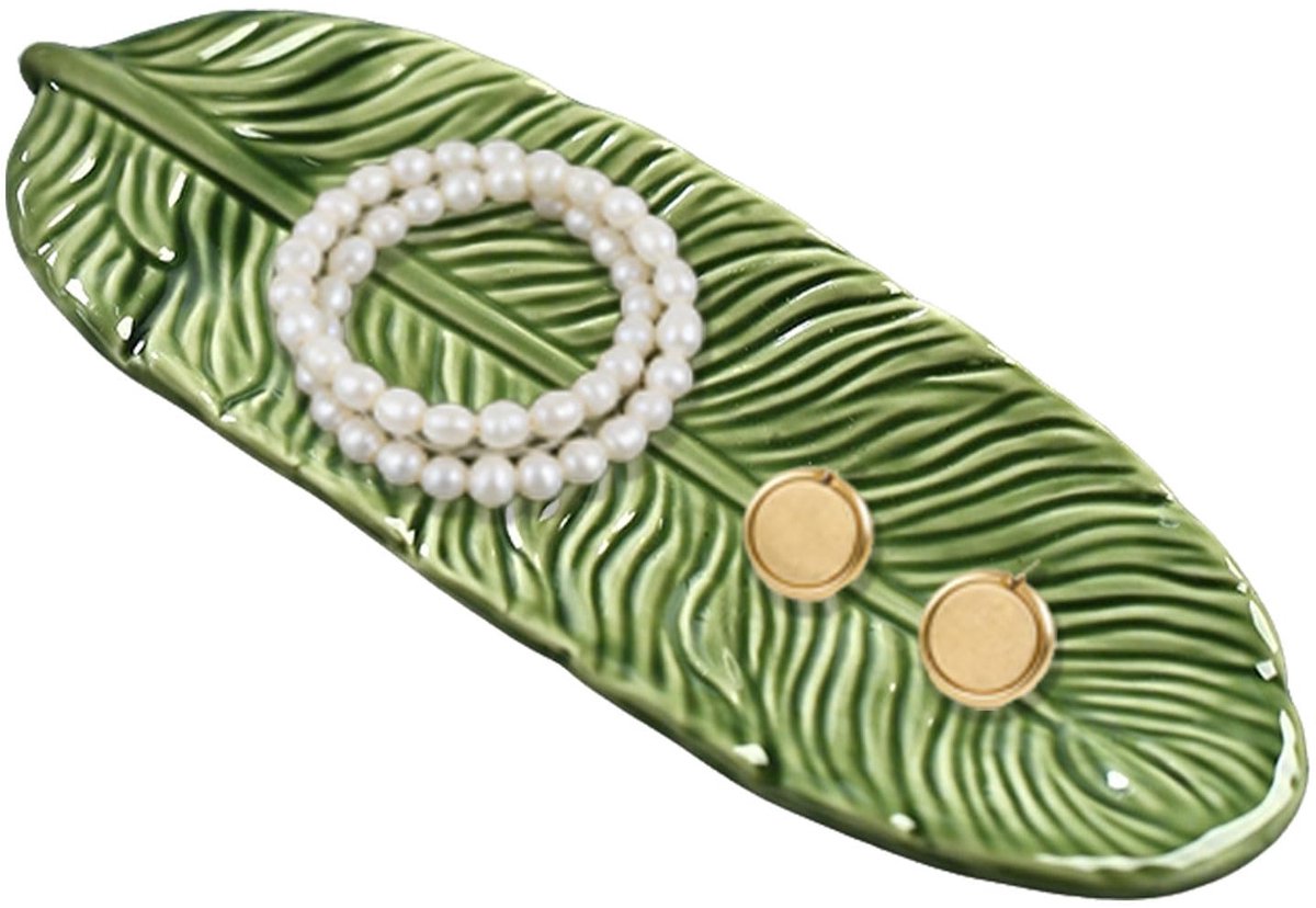 sieradenschaal, palmbladdesign, groen sieradendienblad voor armbanden, ringen en sieraden, decoratieve opbergruimte voor commode, badkamer en woonkamer, 21,5 x 8,3 x 1,7 cm