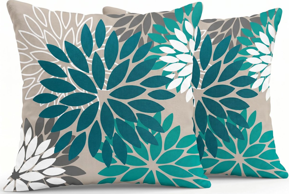 kussenhoes, 50 x 50 cm, modern, bloemen, sierkussen, tweezijdig patroon, blauw, wit, dahlia's, bankkussen, linnen, decoratief, voor bank, tuin, woonkamer, bed, terras, set van 2