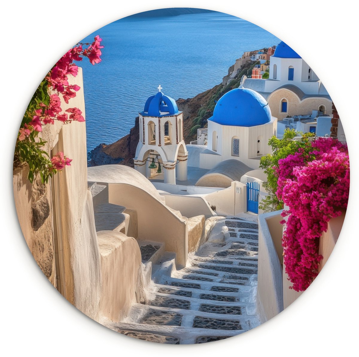 WallCircle® Wandcirkel 60x60 cm - Muurcirkel Santorini - Bloemen - Griekenland - Muurdecoratie woonkamer - Wanddecoratie slaapkamer - Kamer decoratie accessoires - Ronde schilderijen