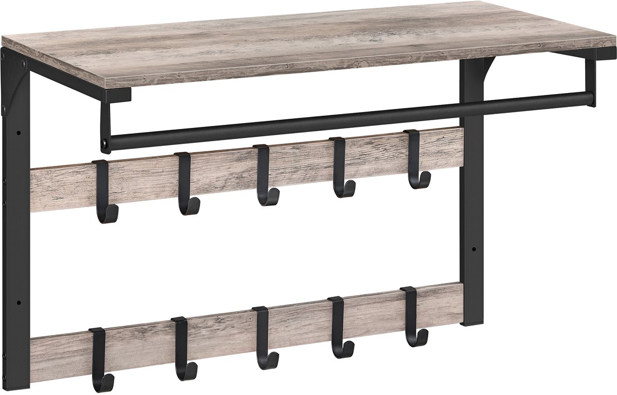 VASAGLE - Wandkapstok met Plank - 10 Haken - Met Kledingstang
