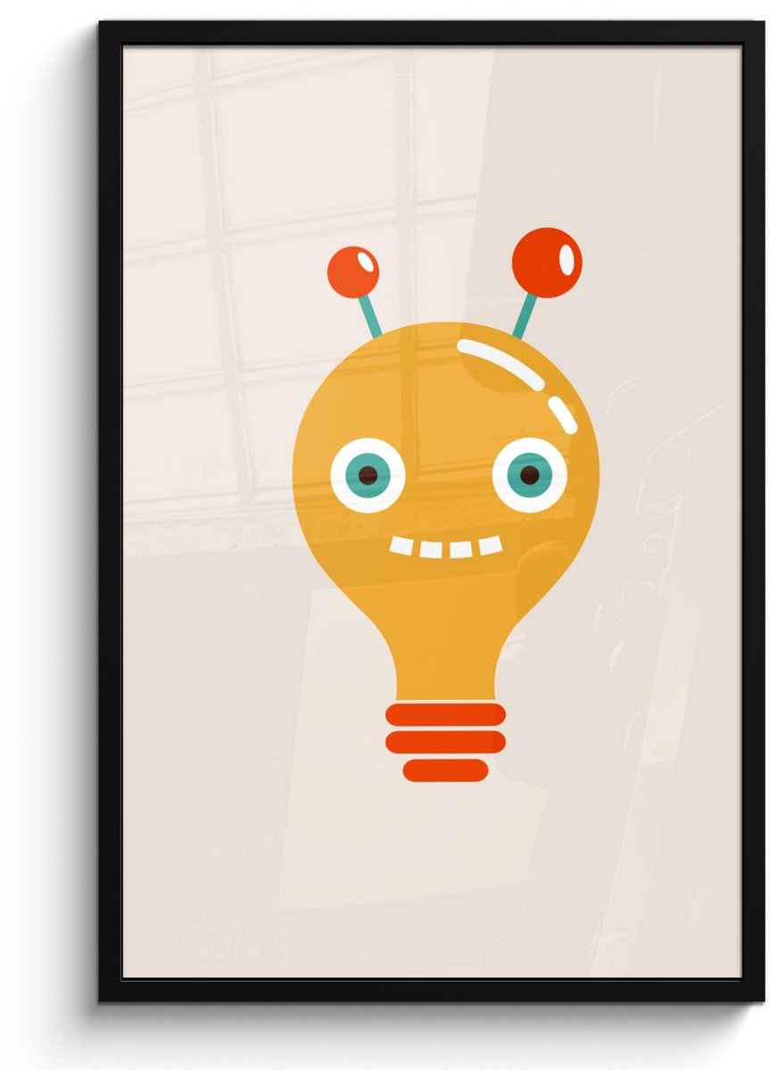 Poster in fotolijst kinderen - Robot - Gloeilamp - Gezicht - Antenne - Kinderkamer decorat