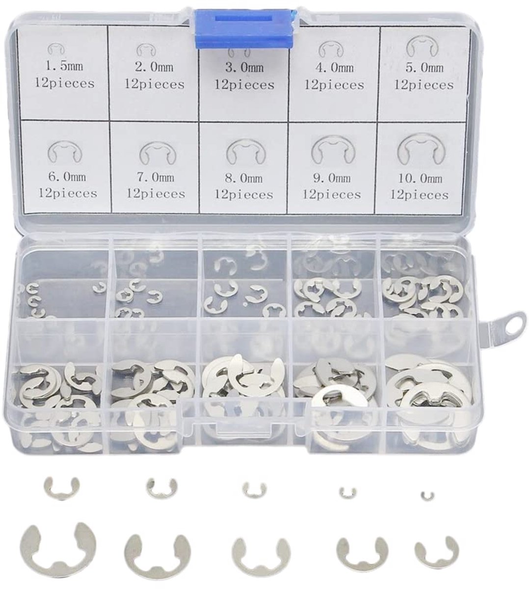 120 Stks 304 Roestvrijstalen E-Clip Borgring Assortiment Kit 1,5 mm tot 10 mm