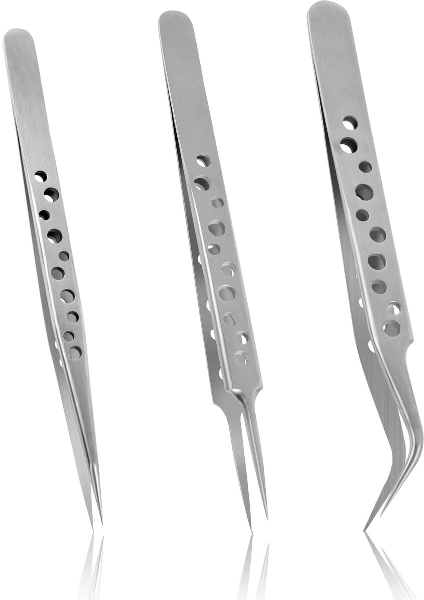 Thijox - Set van 3 Antistatische Precisie-Pincetten van Roestvrij Staal - Professionele Wimperverlenging, Rechte en Gebogen Pincet voor Sieraden, Hand