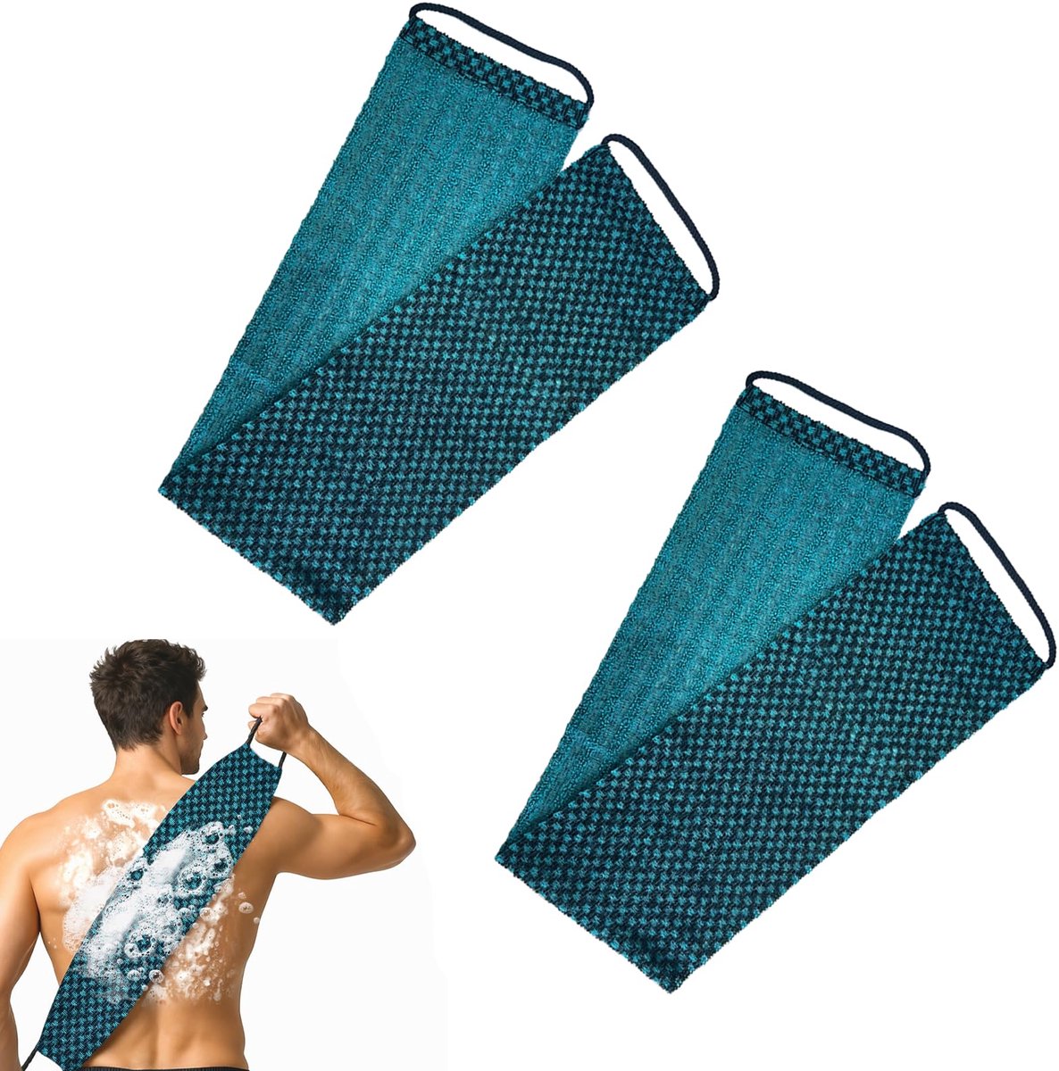Set van 2 douchepeelinghanddoek, dubbelzijdige Japanse peelinghanddoek met handgrepen, badspons voor rug, acne en dode huid