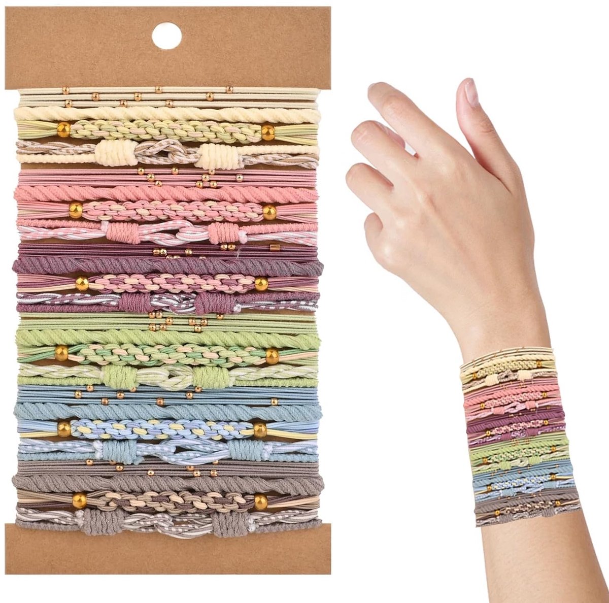 Dailygoods- Haarelastiekjes 24 Stuks - Boho Gevlochten Elastiekjes - 4 Stijlen - 6 cm - Haaraccessoires voor Dames - Heldere Kleuren - Haarband
