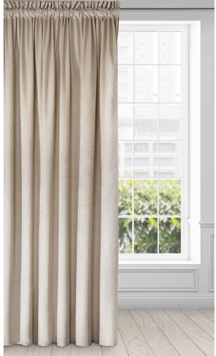 Gordijn, fluweel, plooiband, 1 stuk, zacht, edel gordijn, 200 g/m², elegant, glad, effen, wollig, modern, klassiek, woonkamer, slaapkamer, 140 x 270 cm, beige