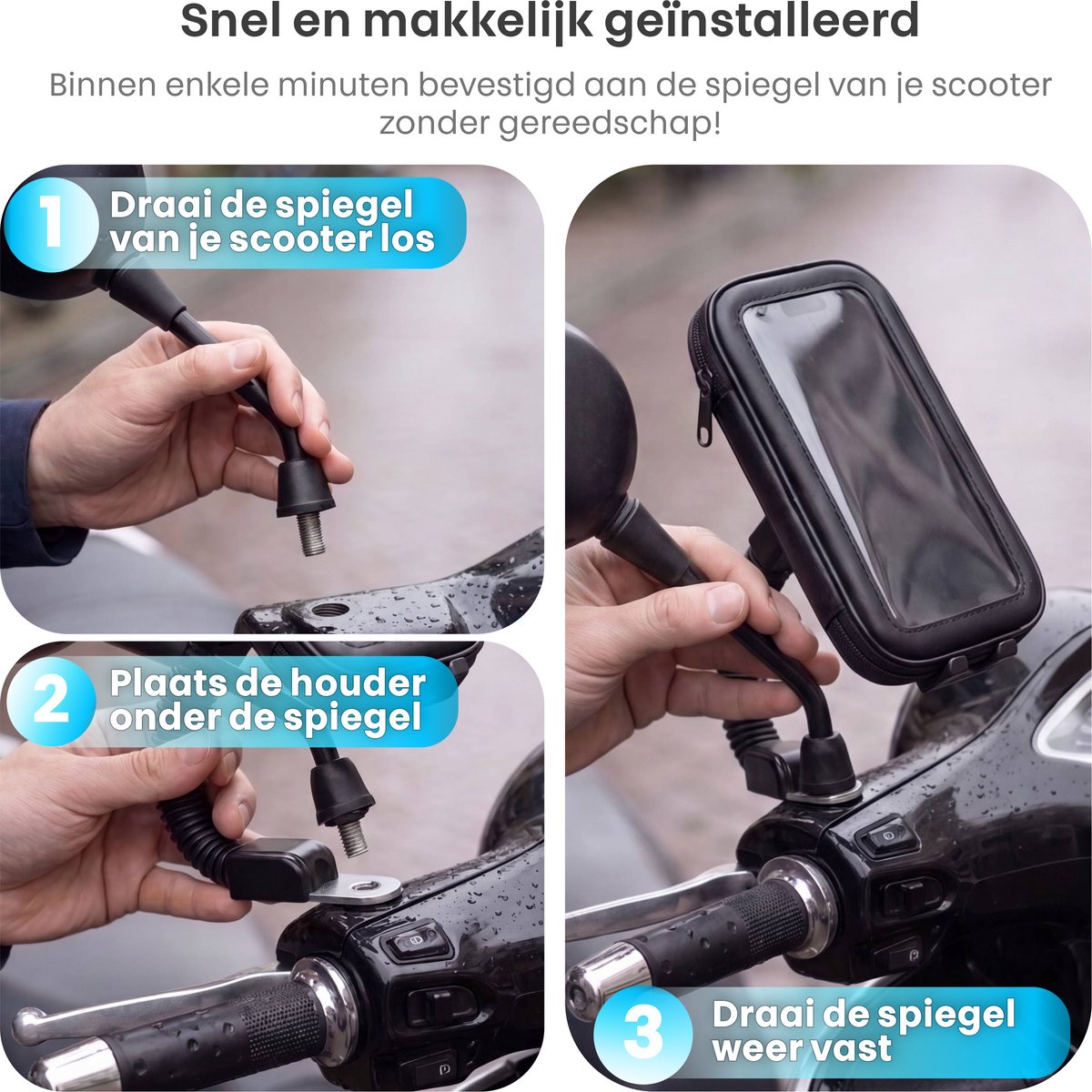 Telefoonhouder Scooter - Flexibel - Spiegel Bevestiging- Waterdicht - Draaibaar - GSM Houder - Ook voor motorfiets, brommer & rolstoel - Universeel – foto 8