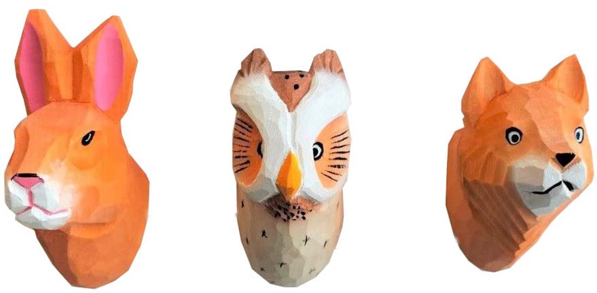 Muurhaken dierenhoofden 'Bosdieren', set houten garderobehaken, 3-delige set, uil, haas, vos, 9-11 x 8 cm