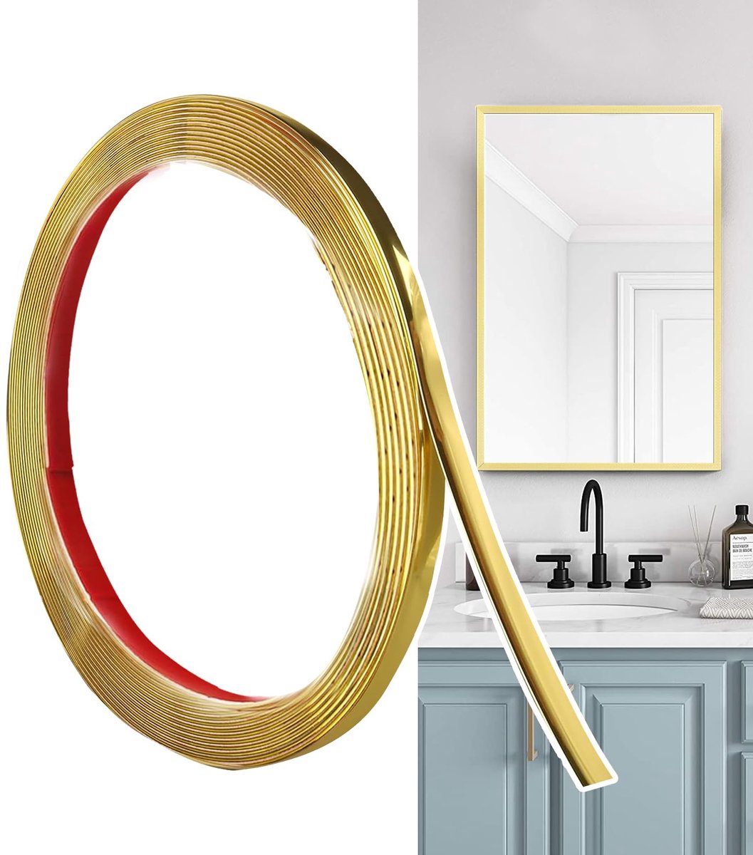 Decoratieve Lijst, Flexibele PVC Sierstrip, Waterbestendige Wandstrip om te Plakken, Zonder Boren voor Muur, Spiegel, Plafond, Kast en Tegels (Mat Goud, 6M x 0.65cm)