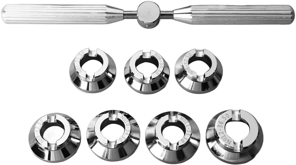 Dailygoods- Horlogekastopener Professionele Draagbare Set - 7-delige Mallen - Metalen Standaard - Moersleutel - Opbergdoos - Lichtgewicht en Duurzaam - Horloge Gereedschap