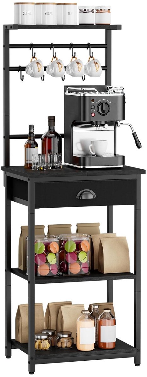 Dailygoods- Keukenrek Staand - 5 Rekplanken - 8 Haakjes - Stalen Frame - 43 x 33 x 134,5 cm - Koffieorganizer - Opbergrek