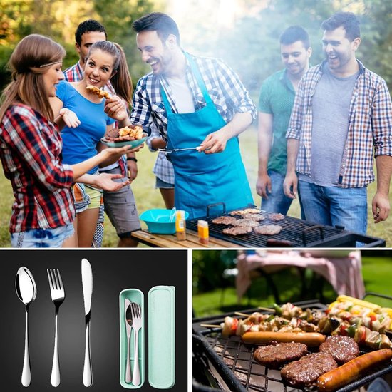 3 stuks campingbestek, roestvrij staal, reisbestek met etui, campingbestekset met vork, lepel, mes, bestek om mee te nemen, vaatwasmachinebestendig voor outdoor, school, werk, reizen (zilver) — afbeelding 4