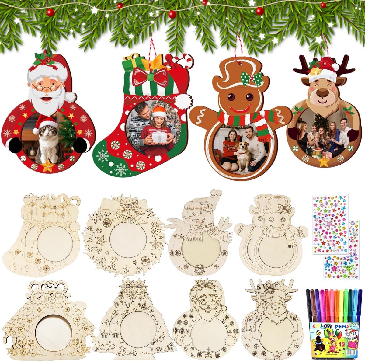 Dailygoods- Kerstfotolijst 16 stuks - Houten Hanger - Knutsellijstset - DIY Fotolijst - Kerstversiering - Uniek Draaigreepontwerp - Fotolijstje