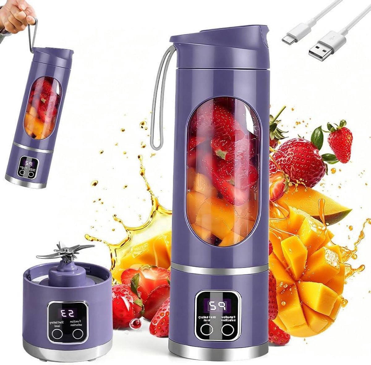 Draagbare Blender - Mini Mixer - Gezonde Drankjes Maken - 12 RVS Messen - 450 ml - Lila