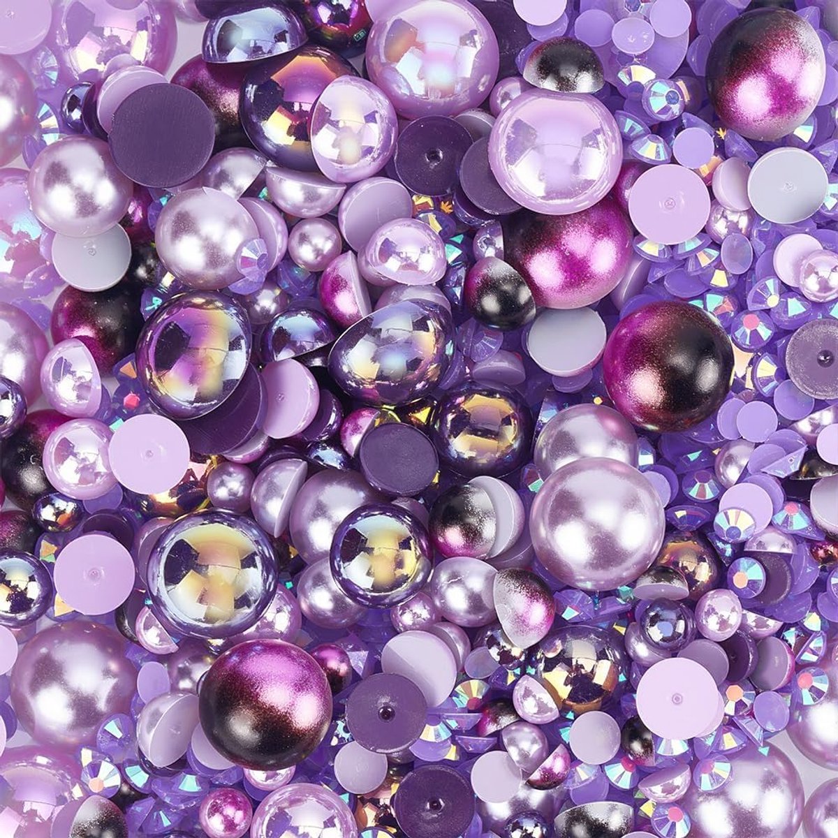 Set van kralen en strass steentjes met platte achterkant, lila, 3–10 mm, gemengde grootte, halfrond, platte achterkant, kunsthars strass steentjes, veelkleurig, voor knutselwerk, kunst