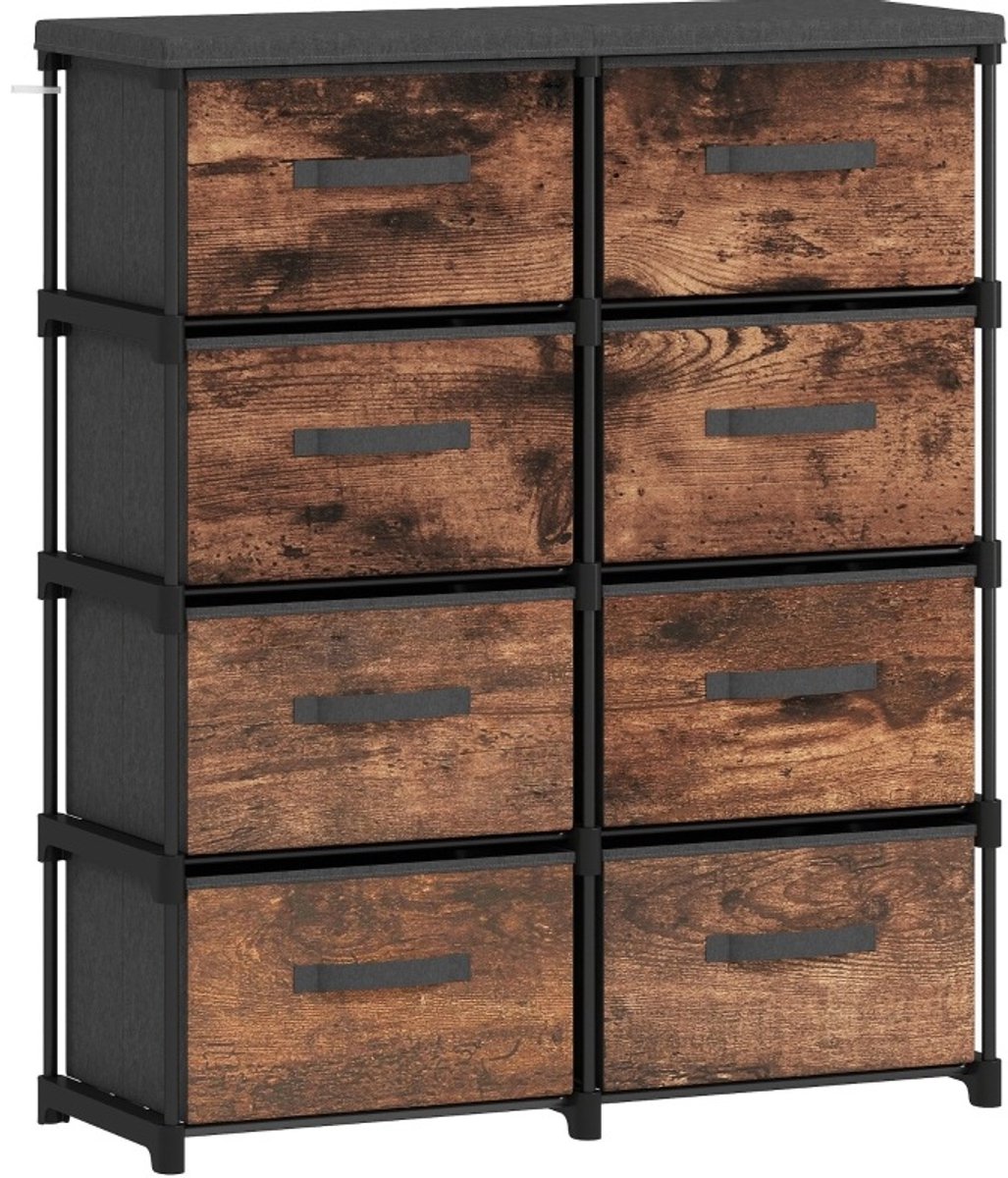 Ladekast Met 8 Stoffen Laden - Industrieel Design Met Metalen Frame - Voor Slaapkamer En Woonkamer - Rustic Bruin - 84,5x30,5x100 Cm
