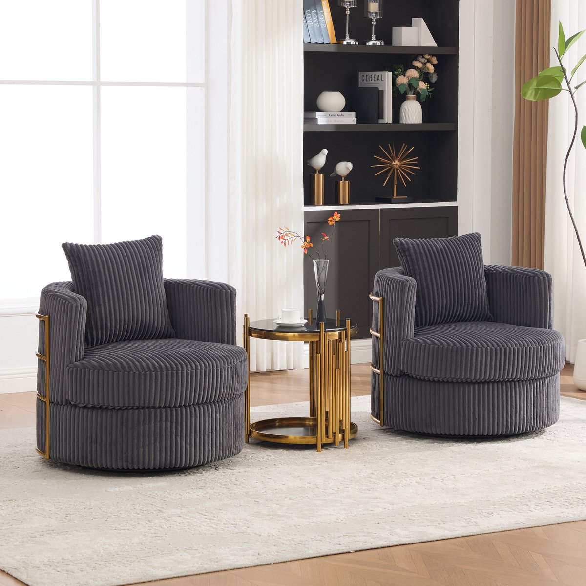 FloraGrace Fauteuil 76 x 79 x 78 cm - 360 Graden Draaibaar Met Opbergruimte En Gevoerde Armleuningen - Voor Woonkamer En Slaapkamer - Cord - Grijs