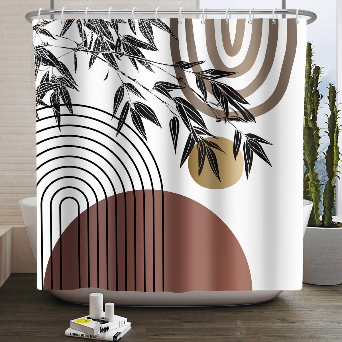 Douchegordijn 180 x 200 cm - bruin polyester - boho-stijl met zonneboog - waterdicht voor badkamer - ShopVlot