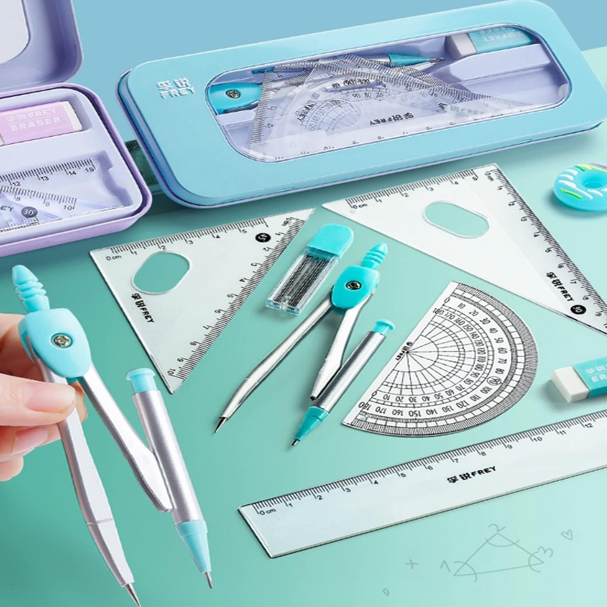 Geometrieset voor studenten - passerset met geodriehoek - inclusief liniaal en gum - ideaal voor technische tekeningen - ShopVlot