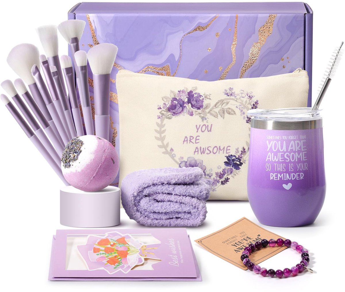 Cadeaus voor vrouwen - 12 make-upkwasten en make-uptasje - thermosbeker met rietje - ideaal voor verjaardagen - ShopVlot