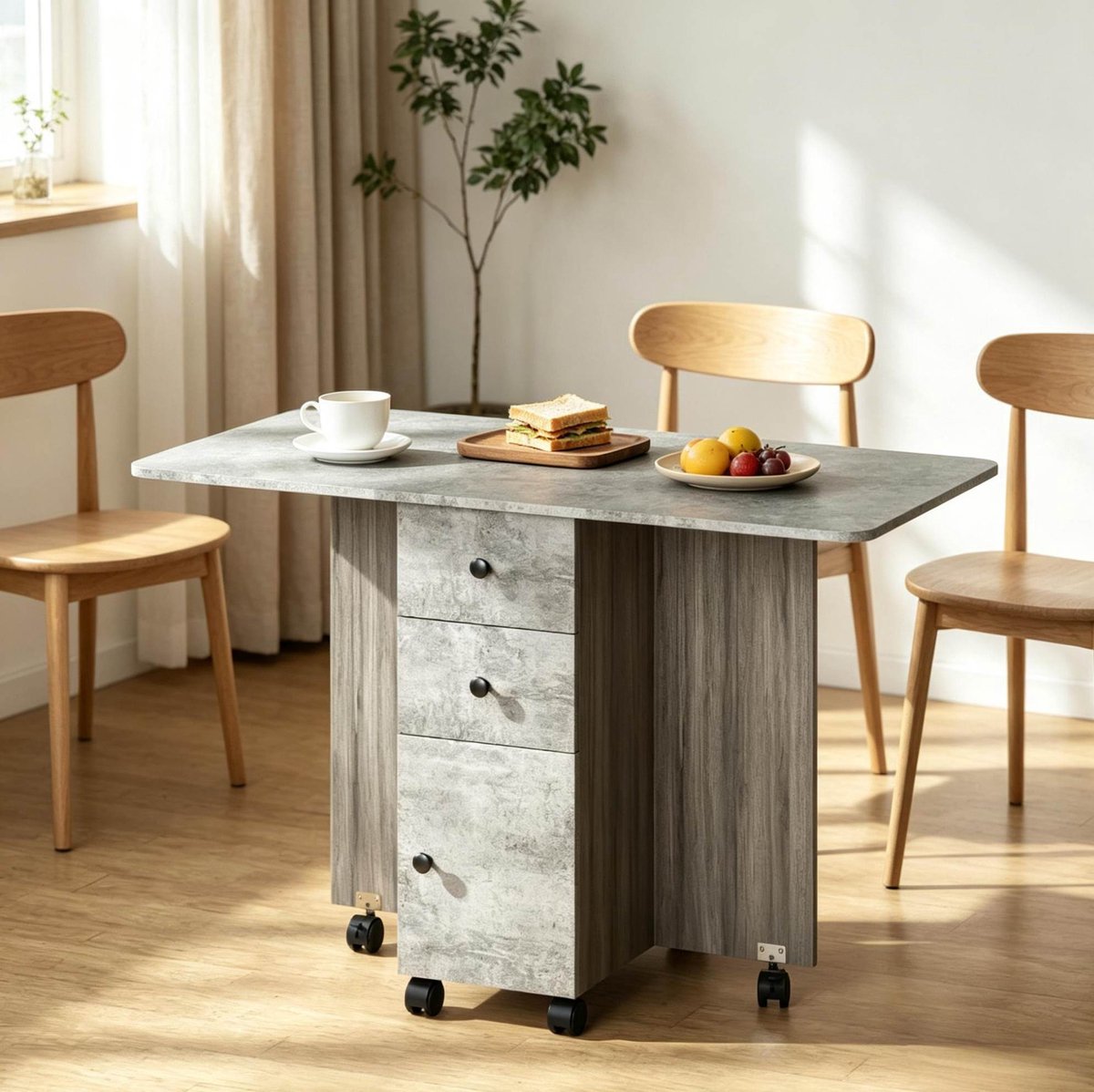 OKWISH Opklapbare Eettafel - Met Lades En Wielen - Modern Voor Kleine Ruimtes - Grijs Spaanplaat - 120 X 60 X 76,5 Cm