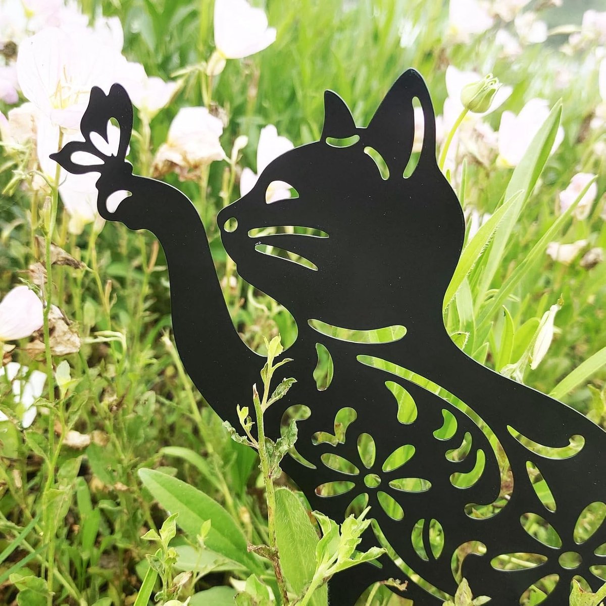 Tuindecoratie kat silhouet - metalen ornament - zwart - vrolijk voor tuin en patio - ShopVlot