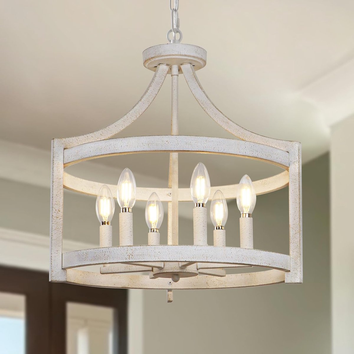 Kroonluchter 6-lamps - Vintage Wit - Dimbaar - Verstelbare hoogte voor sfeervolle verlichting - ShopVlot