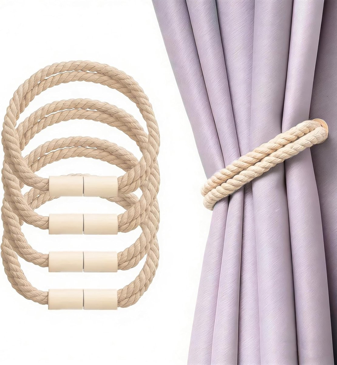 Gordijnhouders set van 4 - Magneet gedraaid touw - Lichtbruine kleur - Voor het elegant bijeenhouden van gordijnen - ShopVlot