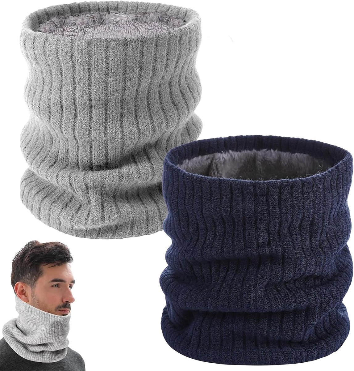 nekwarmers set van 2 - donkerblauw en donkergrijs - warm gebreid - unisex bescherming voor buitengebruik - SnelShoppen