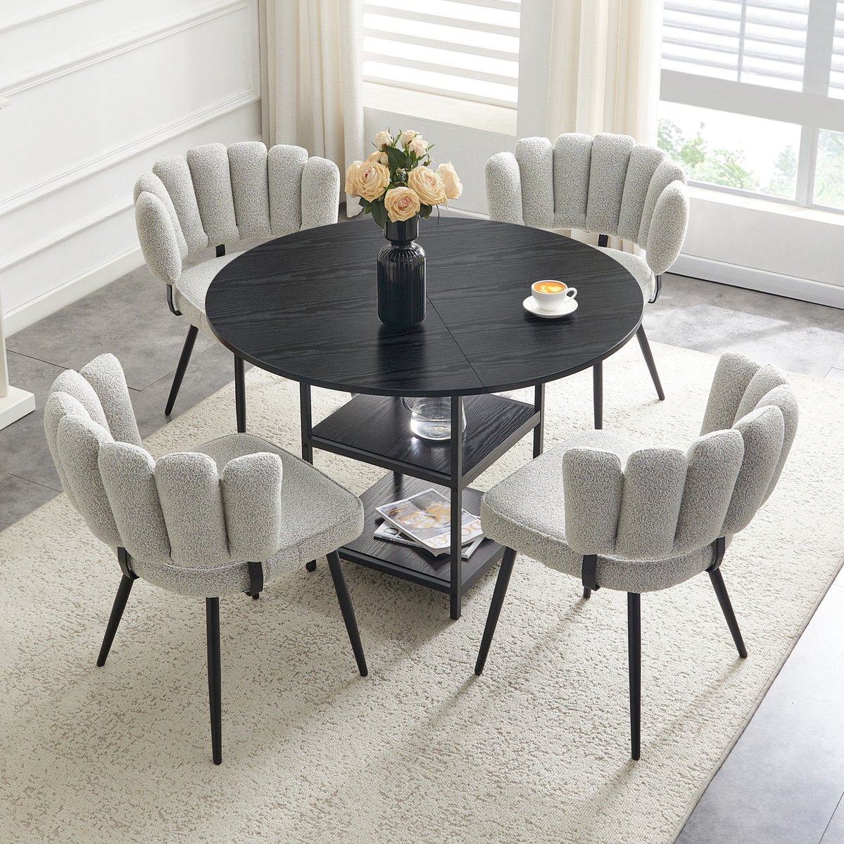 MODFU Ronde Eettafel Met 4 Stoelen - Industriële Stijl - Zwart Lichtgrijs