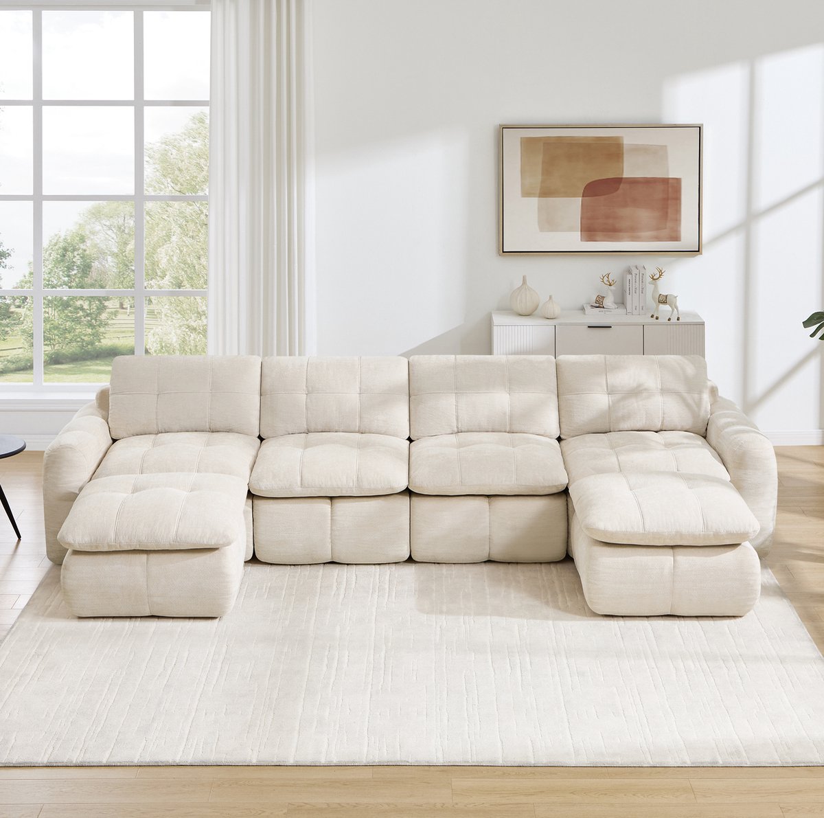 STILVORA U-Bank 334 x 160 x 68 cm - Modulair En Vrij Combineerbaar - Met 2 Ottomanen Voor Woonkamer En Appartement - Chenille Beige