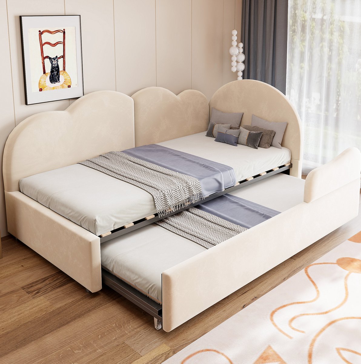 STILVORA Slaapbank 90x200 cm – Uitschuifbaar L-vormig Bed – Met Extra Slaapruimte – Voor Kinderkamer Of Logeerkamer – Fluweel – Beige – Zonder Matras