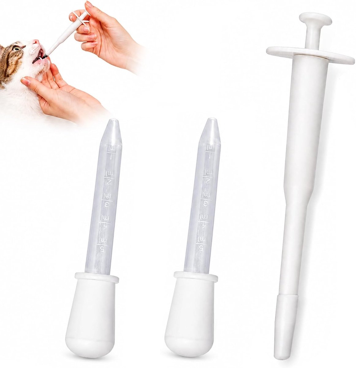 Set van 3 voedhulpmiddelen voor honden en katten - zijdispenser 18 cm + 2 doseerspuiten 5 ml