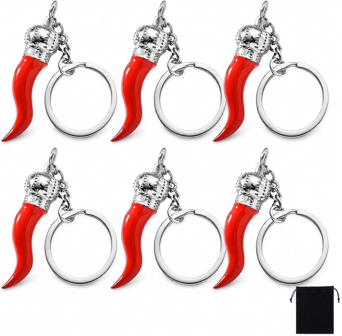 Sleutelhangers set van 6 - Rode hoorn en hertengewei - Roestvrij staal - Perfect als cadeau voor moeder - SnelShoppen