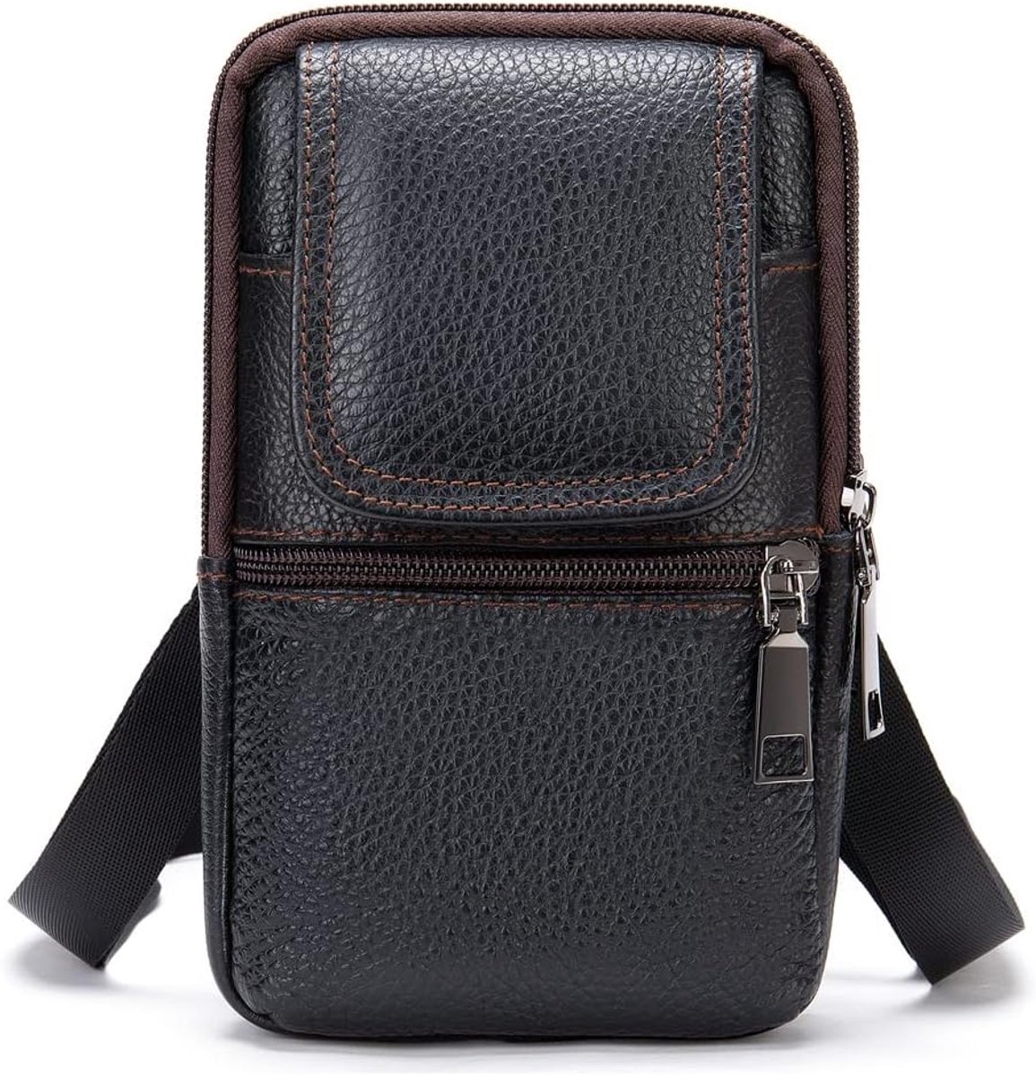 Schoudertas voor heren - Kleine leren telefoon tas - Met riemlus en meerdere vakken - Handig voor onderweg - ShopVlot
