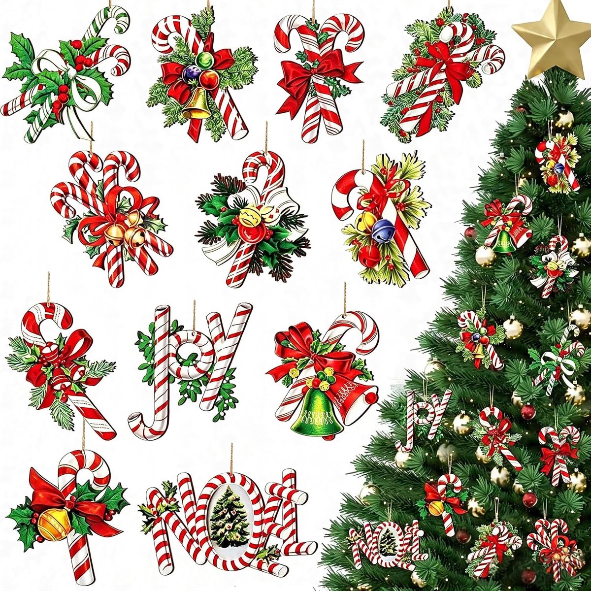 suikerstokken hangers 12 stuks - houten decoratie - vintage motieven - voor kerstboom en krans - ShopVlot