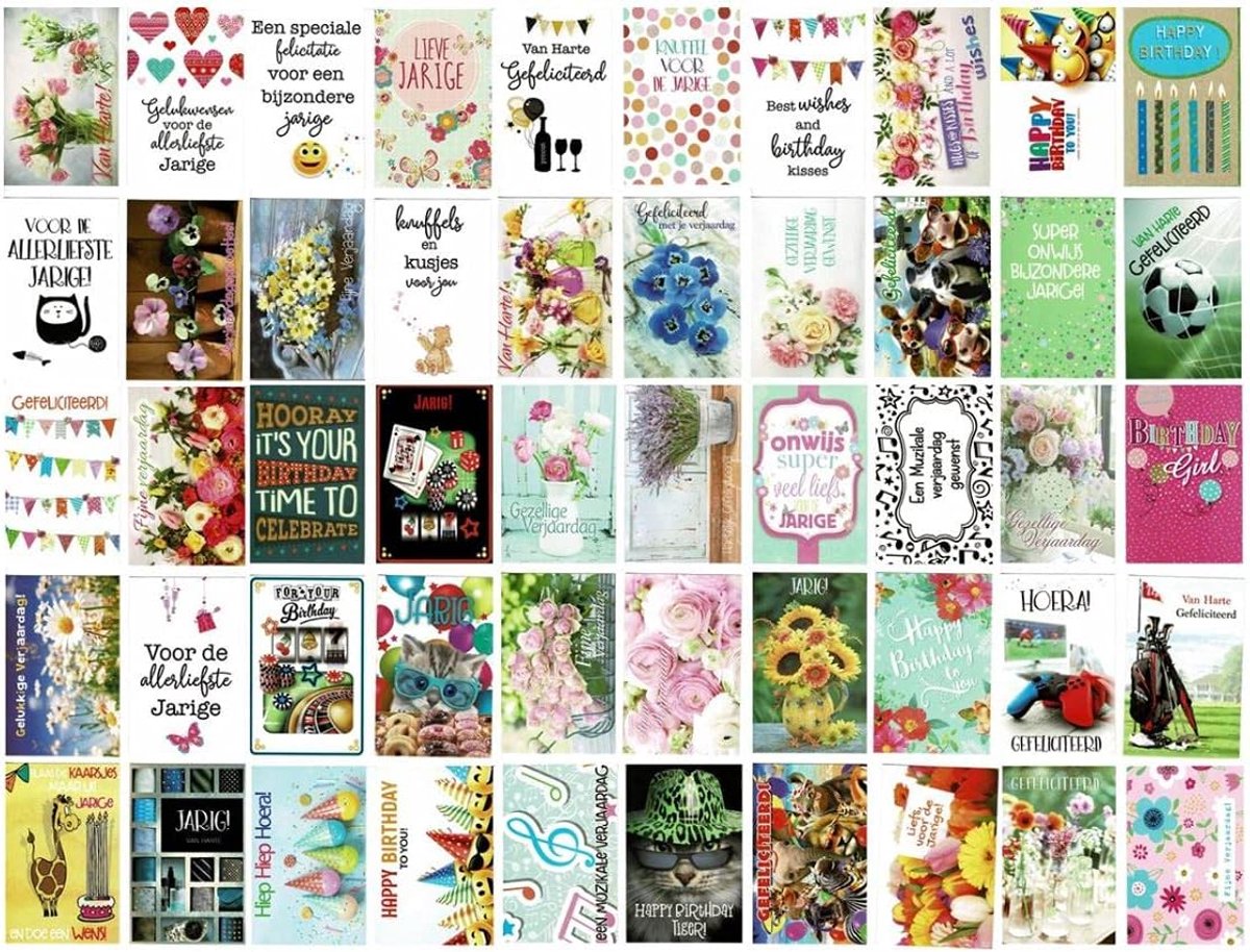 50 luxe felicitatiekaarten - verjaardagsassortiment 12x17cm - gevouwen kaarten met enveloppen - ShopVlot