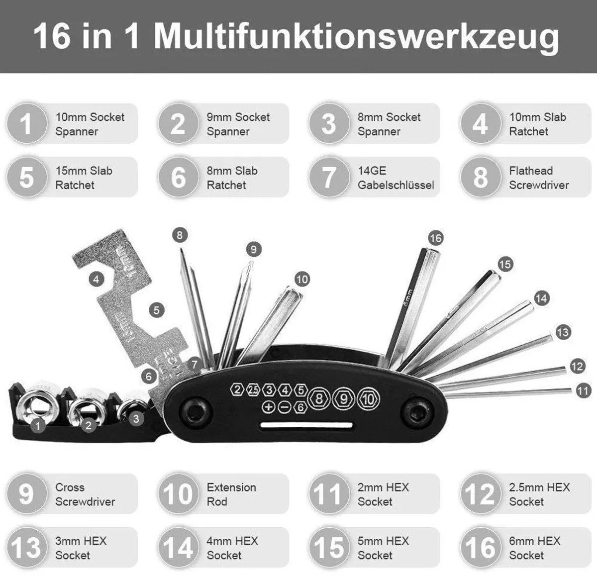 16-in-1 fietsgereedschapset, multifunctionele fietsreparatieset Geschikt voor fietstas