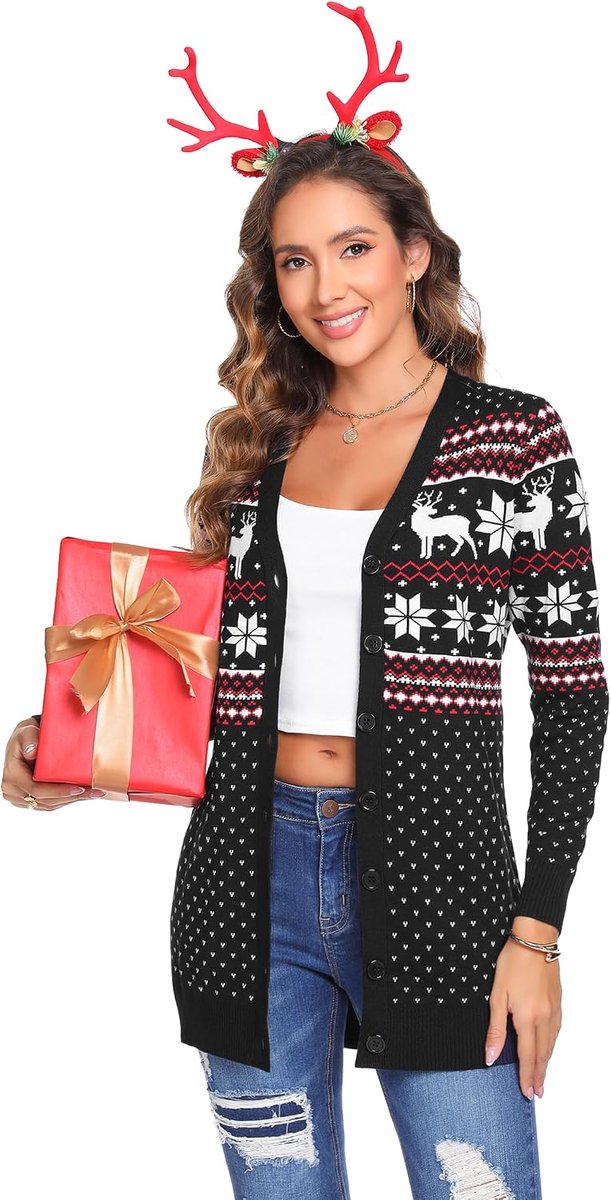 Dames Kerstvest M - Lichtgewicht Langemouwen - Dikke Kabelgebreide Rendierprint - Perfect voor de Feestdagen - ShopVlot