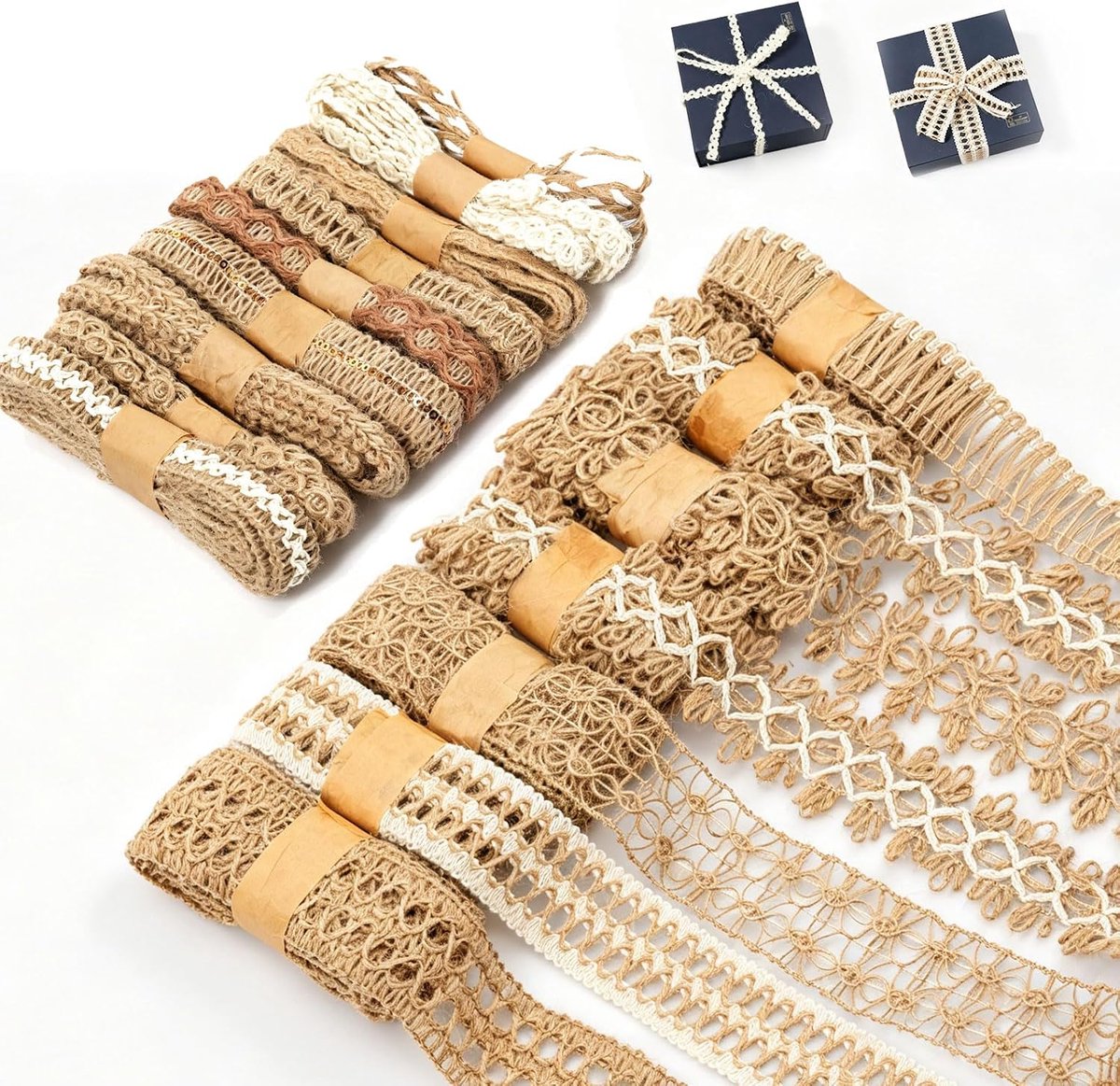 Jute lint met kant 16 rollen - 2 m per rol - natuurmateriaal - perfect voor knutselen - ShopVlot