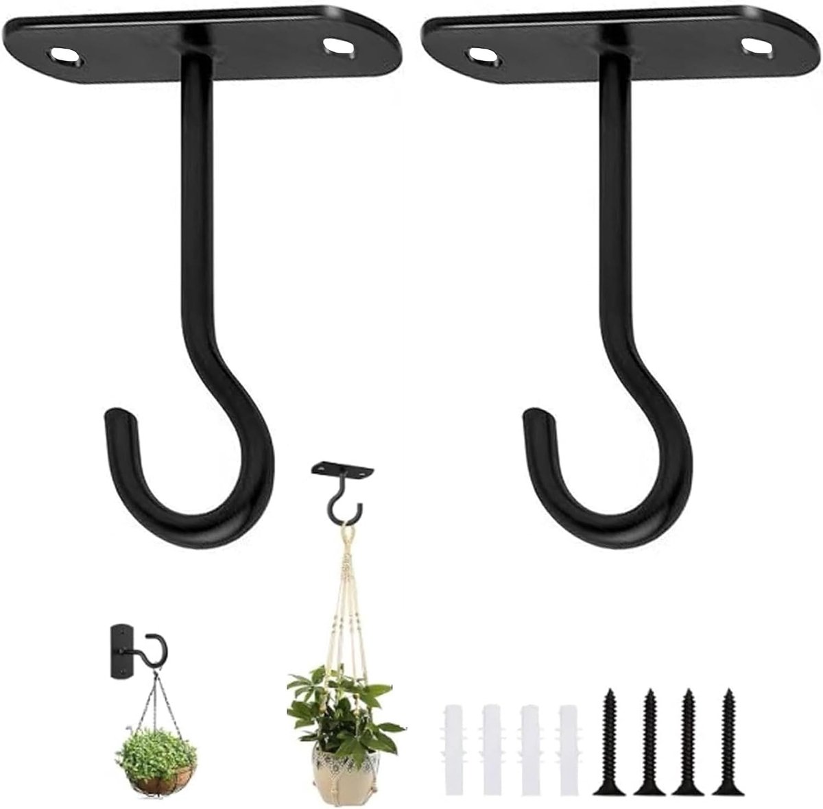 Plafondhaken set van 2 - metalen wandhaken 12,7 cm - duurzaam zwart - voor het ophangen van planten - ShopVlot