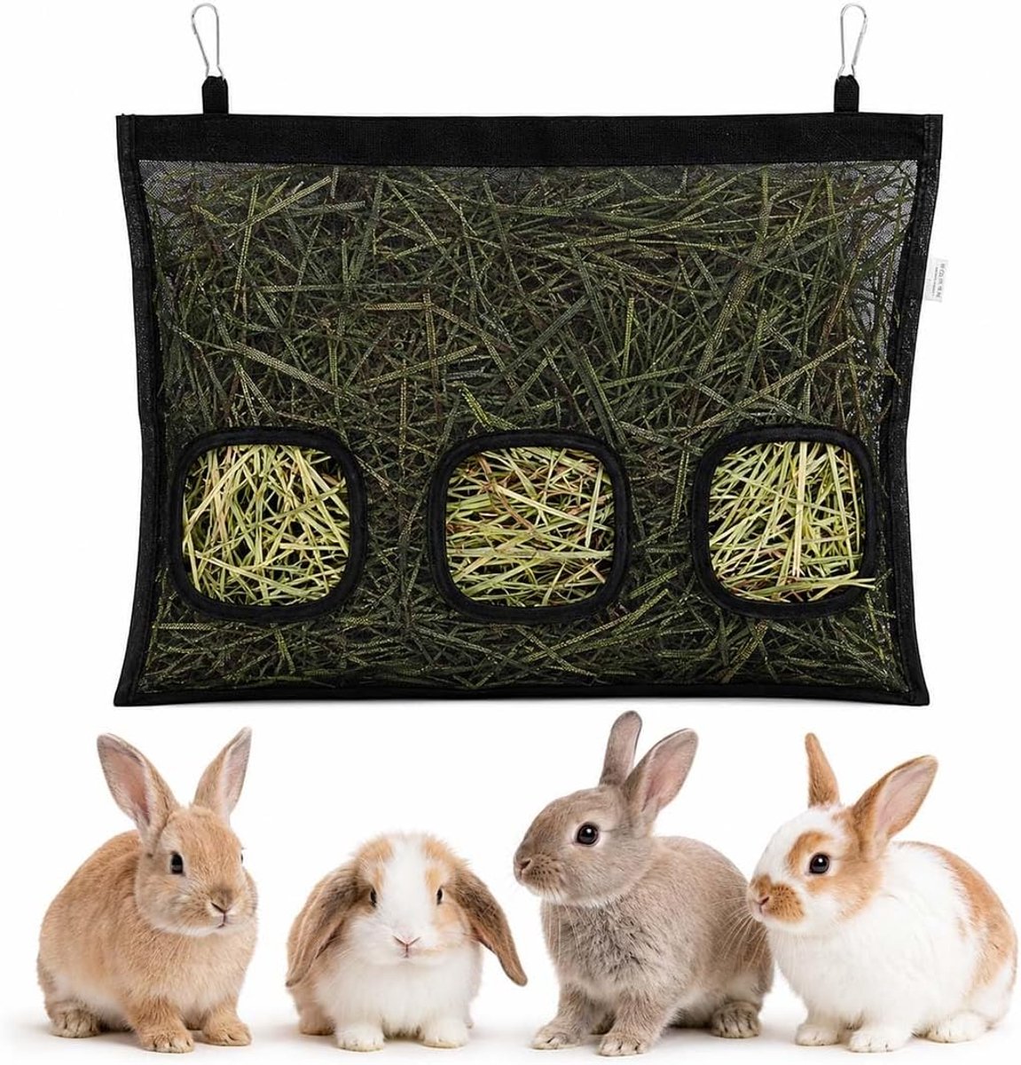 Hooizak voor konijnen met 3 voeropeningen - zwart leerlook - duurzaam materiaal - ideaal voor kleine huisdieren - SnelShoppen