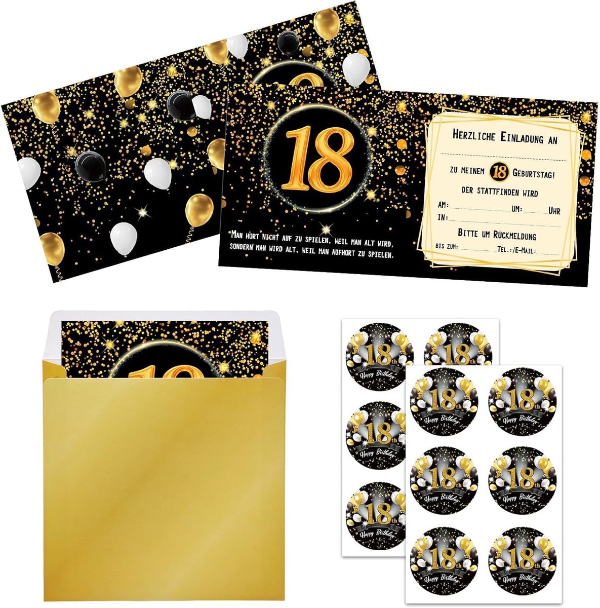 Uitnodigingskaarten 18e verjaardag - Luxe zwart-goud ontwerp - Inclusief enveloppen en stickers - SnelShoppen