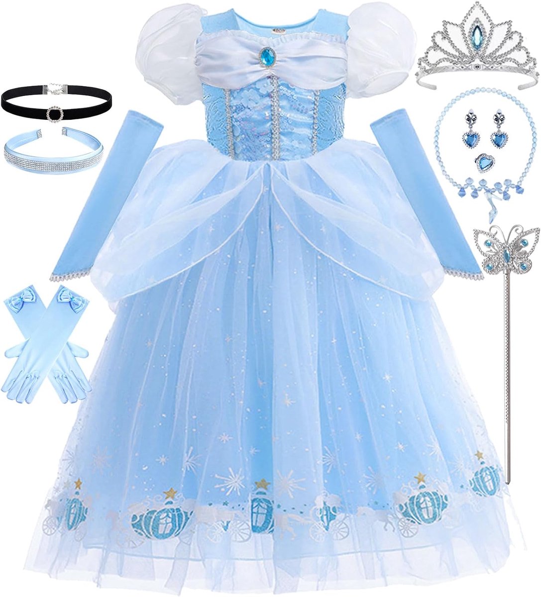 Jurk voor meisjes Prinses Assepoester kostuum kinderen verkleedkostuum met accessoires carnaval Halloween