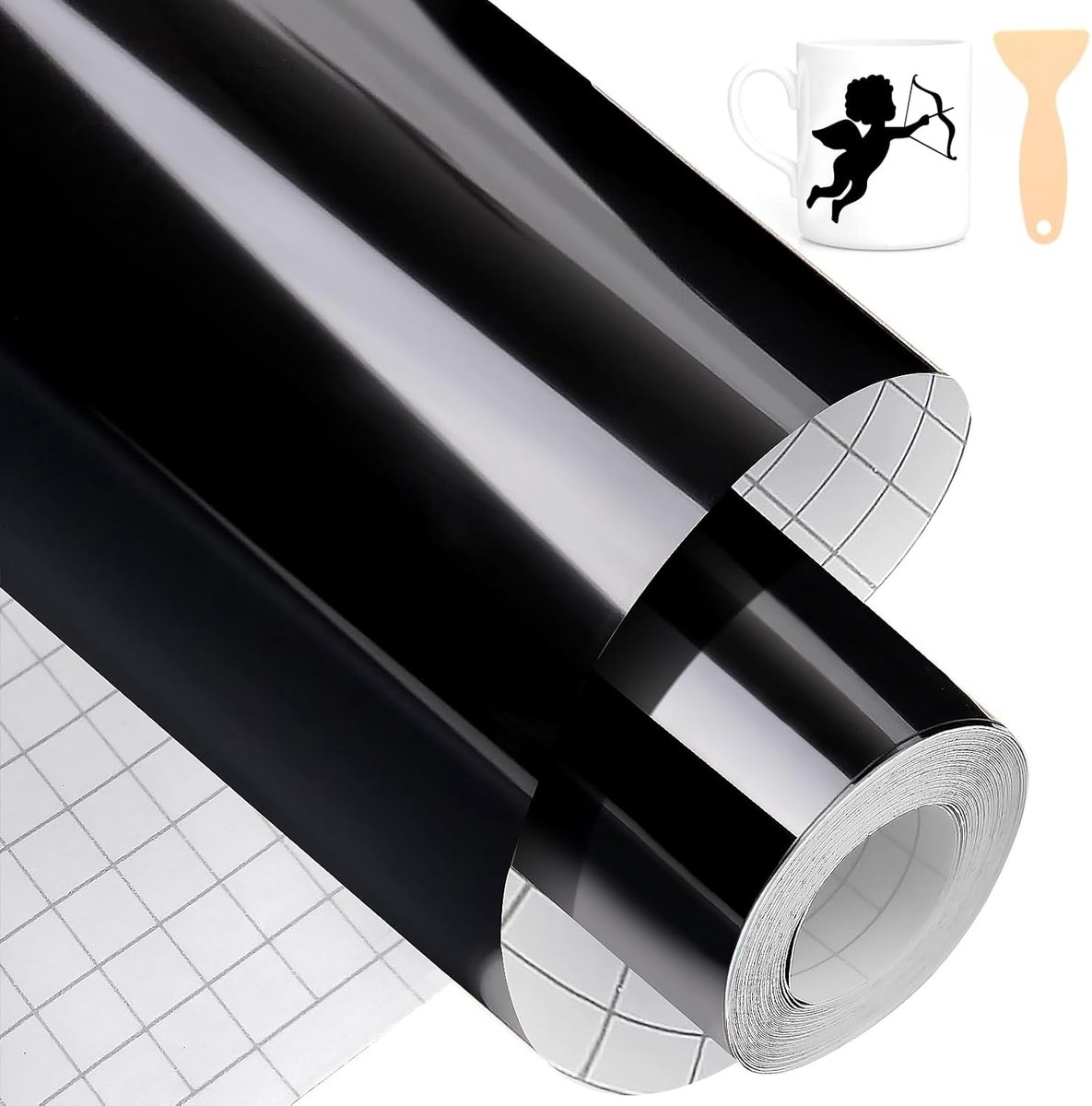Plotter Vinylfolie, zwart, glanzend, 30,5 cm x 600 cm, pvc, smart permanente vinyl plotterfolie zelfklevend, rollen, eenvoudig te snijden en te wieden, plotterfolie vinyl voor Cricut & Cameo