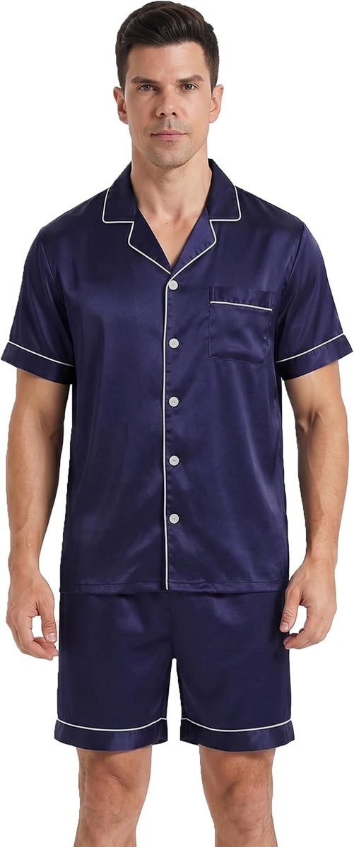 Pyjama heren korte tweedelige satijnen pyjama met knoopsluiting korte mouwen T-shirt en broek zomer zacht nachtkleding huispak pyjama's set met borstzak
