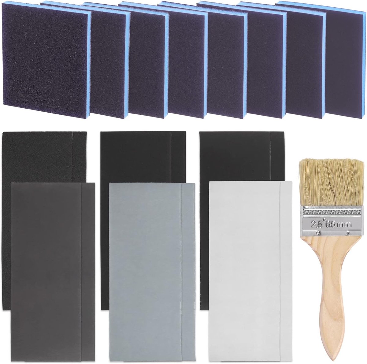 29Pcs Schuren Spons Set Inclusief 16Pcs 60-280 Grit Grof Medium Fijne Grit Schuren Spons, 12Pcs 240-5000 Grit Schuurpapier en 1Pc Verf Borstel Voor Automobiel Schuren, Metalen Meubels Polijsten